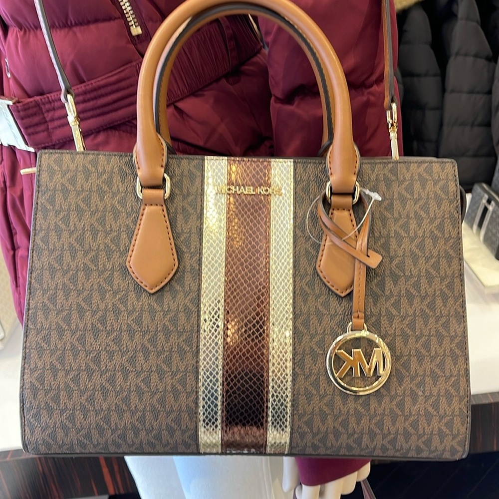 Michael Kors Sheila Medium Signature Logo and Metallic Satchel Crossbody Center - Picture 12 of 16